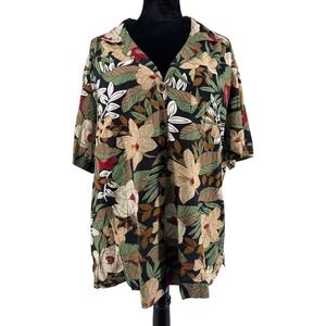 Cathy Daniels Tropical Floral Button Down Shirt Womens 2X Black Cotton Rayon Top